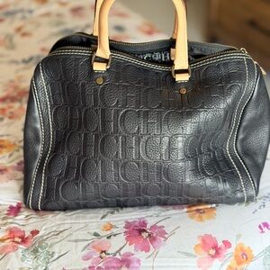 Carolina Herrera Black Embossed Satchel with Tan Handles